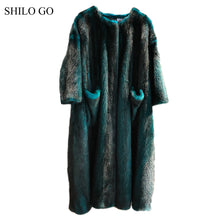 SHILO GO Fur Coat Womens Winter  Fashion whole real Mink Fur X-long coat O Neck long sleeve concise front pocket dark green coat