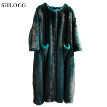SHILO GO Fur Coat Womens Winter  Fashion whole real Mink Fur X-long coat O Neck long sleeve concise front pocket dark green coat