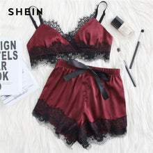 SHEIN Lace Trim Satin Bralette & Shorts Pajama Set Burgundy Sleeveless Ribbon Sexy Nightwear 2018 Women Patchwork Sleepwear