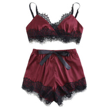 SHEIN Lace Trim Satin Bralette & Shorts Pajama Set Burgundy Sleeveless Ribbon Sexy Nightwear 2018 Women Patchwork Sleepwear