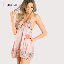 COLROVIE 2018 Guipure Lace Panel Nightdress Pink Bow Plain Sexy Sleepwear New Arrival Spaghetti Strap Women Clothing