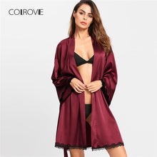 COLROVIE Contrast Lace Trim Printed Back Wrap Robe Summer Letter Belted Long Sleeve Women Nightwear 2018 Burgundy Sexy Sleepwear
