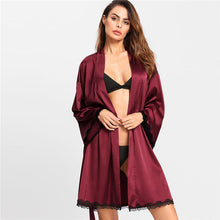 COLROVIE Contrast Lace Trim Printed Back Wrap Robe Summer Letter Belted Long Sleeve Women Nightwear 2018 Burgundy Sexy Sleepwear
