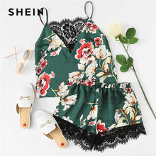 SHEIN Floral Print Lace Cami Top And Shorts Satin Pajama Set 2018 Women Spaghetti Strap Sleeveless Patchwork Elegant Sleepwear