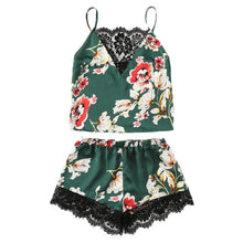 SHEIN Floral Print Lace Cami Top And Shorts Satin Pajama Set 2018 Women Spaghetti Strap Sleeveless Patchwork Elegant Sleepwear