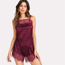 COLROVIE Ladies Lace Trim Satin Cami & Shorts PJ 2018 New Burgundy Solid Female Sleepwear Spring Elegant Sexy Home Pajama Set