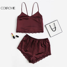 COLROVIE Sleeveless Lace Trim Satin Cami And Shorts Pajama Set 2018 New Burgundy V Neck Sexy Set Sleepwear Summer Women Pajamas