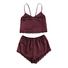 COLROVIE Sleeveless Lace Trim Satin Cami And Shorts Pajama Set 2018 New Burgundy V Neck Sexy Set Sleepwear Summer Women Pajamas