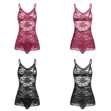 #S-2XL 2Pcs Women Lingerie Spaghetti Shoulder Deep V Lace Floral Mesh See-through Mini Dress with G-string Babydoll Sleepwear Nightwear Set