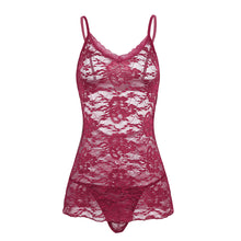 #S-2XL 2Pcs Women Lingerie Spaghetti Shoulder Deep V Lace Floral Mesh See-through Mini Dress with G-string Babydoll Sleepwear Nightwear Set