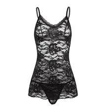 #S-2XL 2Pcs Women Lingerie Spaghetti Shoulder Deep V Lace Floral Mesh See-through Mini Dress with G-string Babydoll Sleepwear Nightwear Set