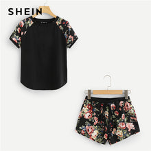 SHEIN Contrast Raglan Sleeve Curved Hem Top And Floral Shorts 2018 Summer Round Neck Top With Print Shorts Women Nightwear