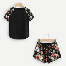 SHEIN Contrast Raglan Sleeve Curved Hem Top And Floral Shorts 2018 Summer Round Neck Top With Print Shorts Women Nightwear