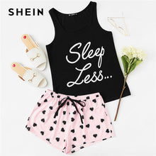 SHEIN Letter Print Top & Drawstring Waist Shorts Pajama Set Women Sleeveless Drawstring Preppy Nightwear 2018 Casual Sleepwear