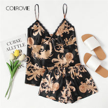 COLROVIE Black Graphic Print Satin Pajama Set 2018 New Summer Sleepwear Set Spaghetti Strap Floral Women Nightwear Sets