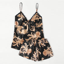COLROVIE Black Graphic Print Satin Pajama Set 2018 New Summer Sleepwear Set Spaghetti Strap Floral Women Nightwear Sets