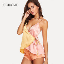 COLROVIE Color Block Surplice Wrap Top & Shorts PJ Set 2018 Multicolor Sleeveless Sexy Pajama Sets Summer Sleepwear Women Sets