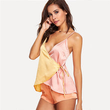COLROVIE Color Block Surplice Wrap Top & Shorts PJ Set 2018 Multicolor Sleeveless Sexy Pajama Sets Summer Sleepwear Women Sets
