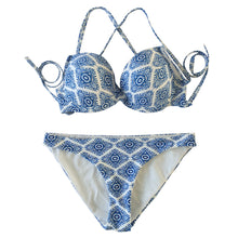 Women Bikini Set Geometric Pattern Print Bandage Cross Over Padded Hollow Out Low Waist Sexy Swimsuit Blue