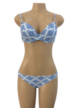 Women Bikini Set Geometric Pattern Print Bandage Cross Over Padded Hollow Out Low Waist Sexy Swimsuit Blue