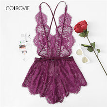 COLROVIE Crisscross Open Back Eyelash Lace Teddy 2018 Summer New Purple Lace Criss Cross Sexy Nightwear Woman Solid Sleepwear