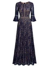 Vintage Full Lace Contrast Bell Sleeve A-Line Maxi Dress