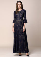 Vintage Full Lace Contrast Bell Sleeve A-Line Maxi Dress