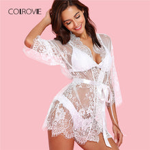 COLROVIE White Lace Robe With Thong Gown Robe 2018 New Sexy Belted Home Sleepwear Robe 3/4 Sleeve Transparent Summer Nightwear