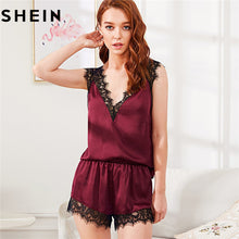 SHEIN Nightwear Burgundy Satin With Lace V Neck Sexy Womens Pajama Sets Summer Sleeveless Backless Tops And Shorts Sleepwear