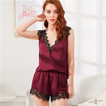 SHEIN Nightwear Burgundy Satin With Lace V Neck Sexy Womens Pajama Sets Summer Sleeveless Backless Tops And Shorts Sleepwear