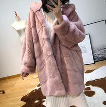 SHILO GO Fur Coat Womens Winter  Fashion whole real Mink Fur long coat big hooded collar long Puff sleeve concise loose oversize