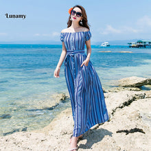 Lunamy 2018 New Off-shouldered Beach Dress For Women Blue Striped Summer Beachwear Cover-Up Seaside Holiday Long Skirt