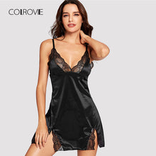 COLROVIE Black Contrast Lace Satin Slips With Thong Sexy Nightdress Plus Size Nightgowns Women Spaghetti Strap Sheer Sleepwear