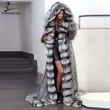 FURSARCAR 2018 New Silver Fox Fur Coat With Fur Hood 160 CM Long Luxury Silver Fox Fur Jacket Full Pelt Thick Warm Coat