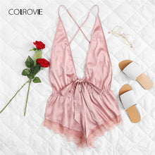 COLROVIE Pink Sexy Open Back Lace Teddy Pajamas 2018 New Summer Wireless Satin Women Nightgowns V Neck Bow Tie Sleepwear