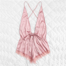 COLROVIE Pink Sexy Open Back Lace Teddy Pajamas 2018 New Summer Wireless Satin Women Nightgowns V Neck Bow Tie Sleepwear